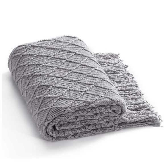 Grey Diamond Tassel Knit Throw Cozy Fringe Patterned Fall/Winter Dorm Blanket - Picture 5 of 16